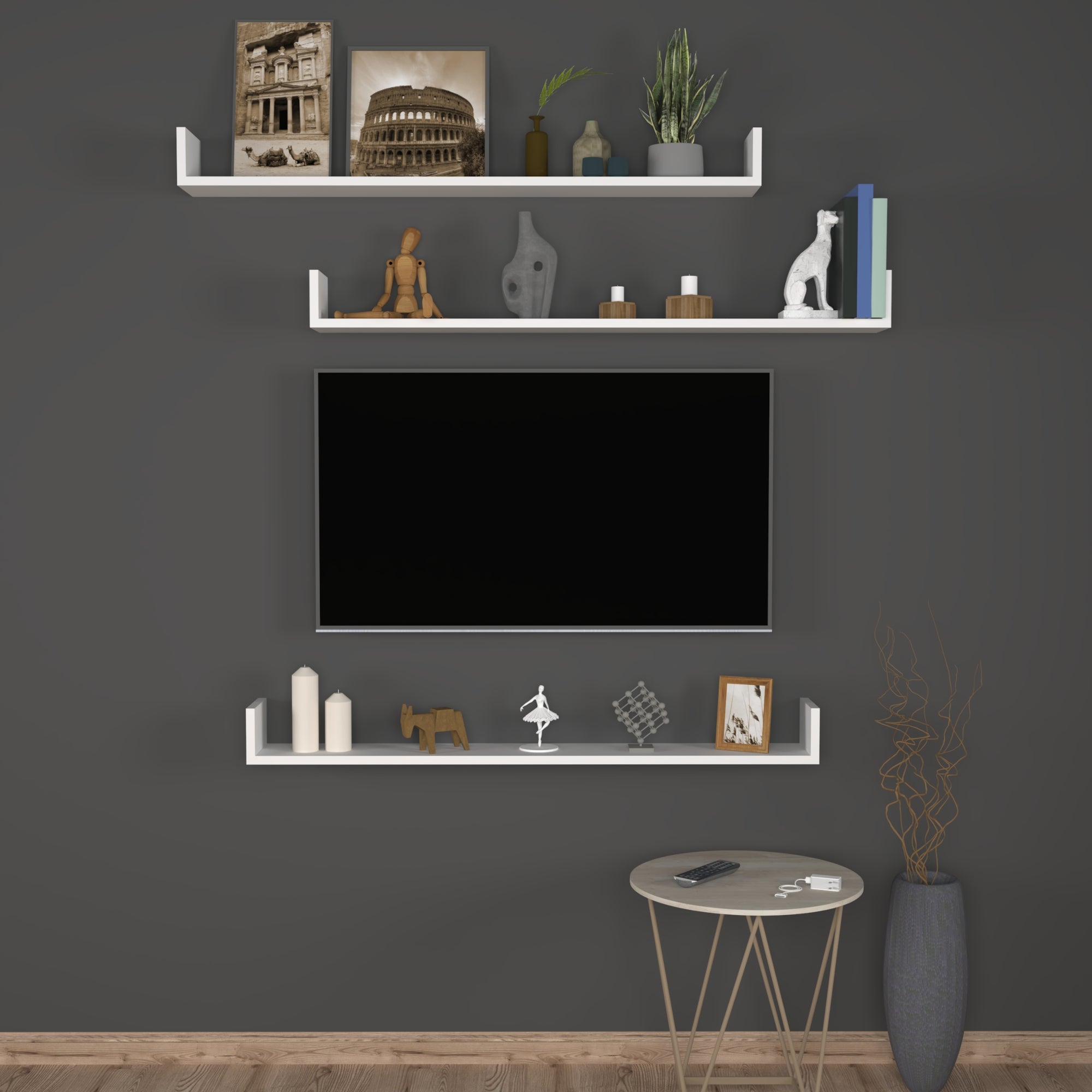 Set 'Höganäs' 3 Mensole da Muro - Consolli Pensili con Piano d'Appoggio a Forma di U - Largo 120 cm - Bianco [en.casa]