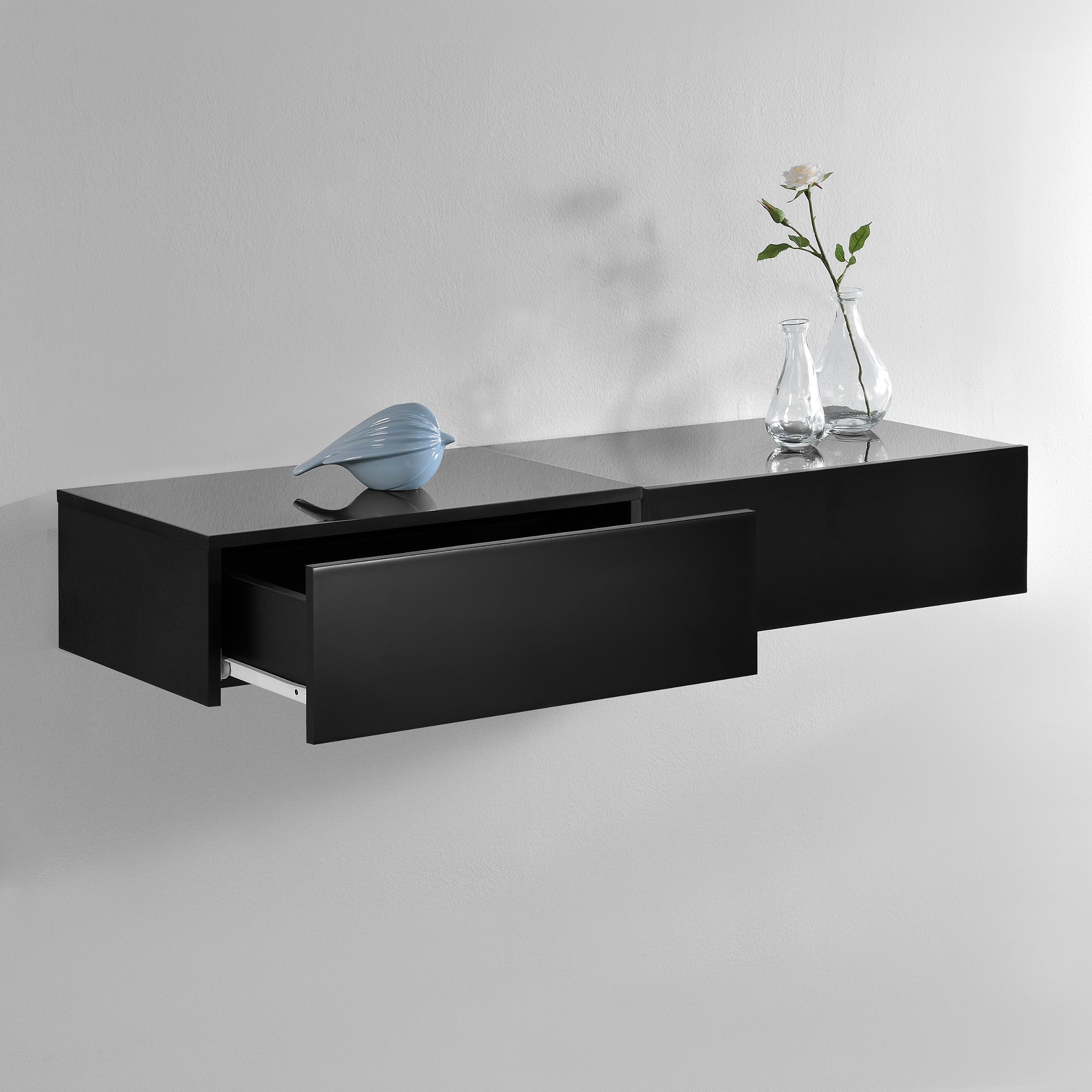 Set di 2 Comodini da Parete con Cassetto 46x30x15 cm Nero Lucido [en.casa]