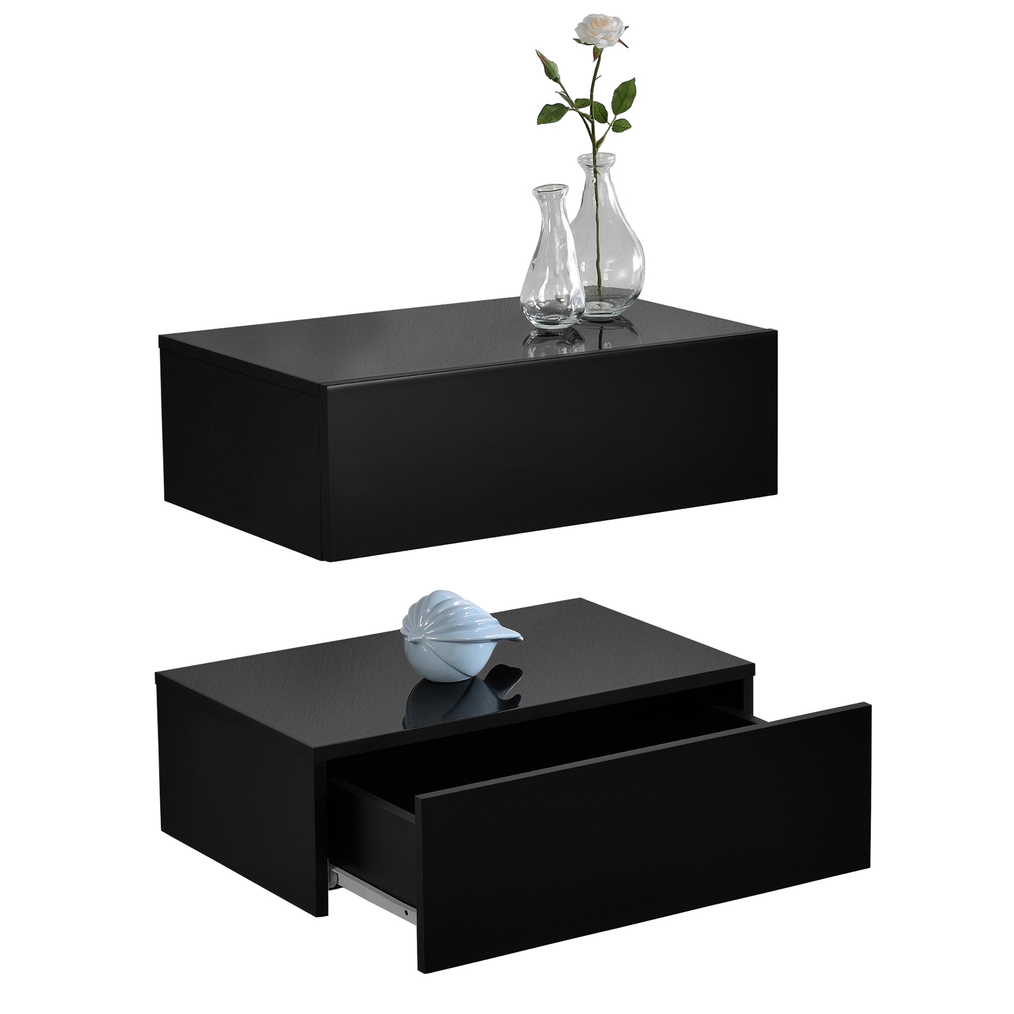 Set di 2 Comodini da Parete con Cassetto 46x30x15 cm Nero Lucido [en.casa]