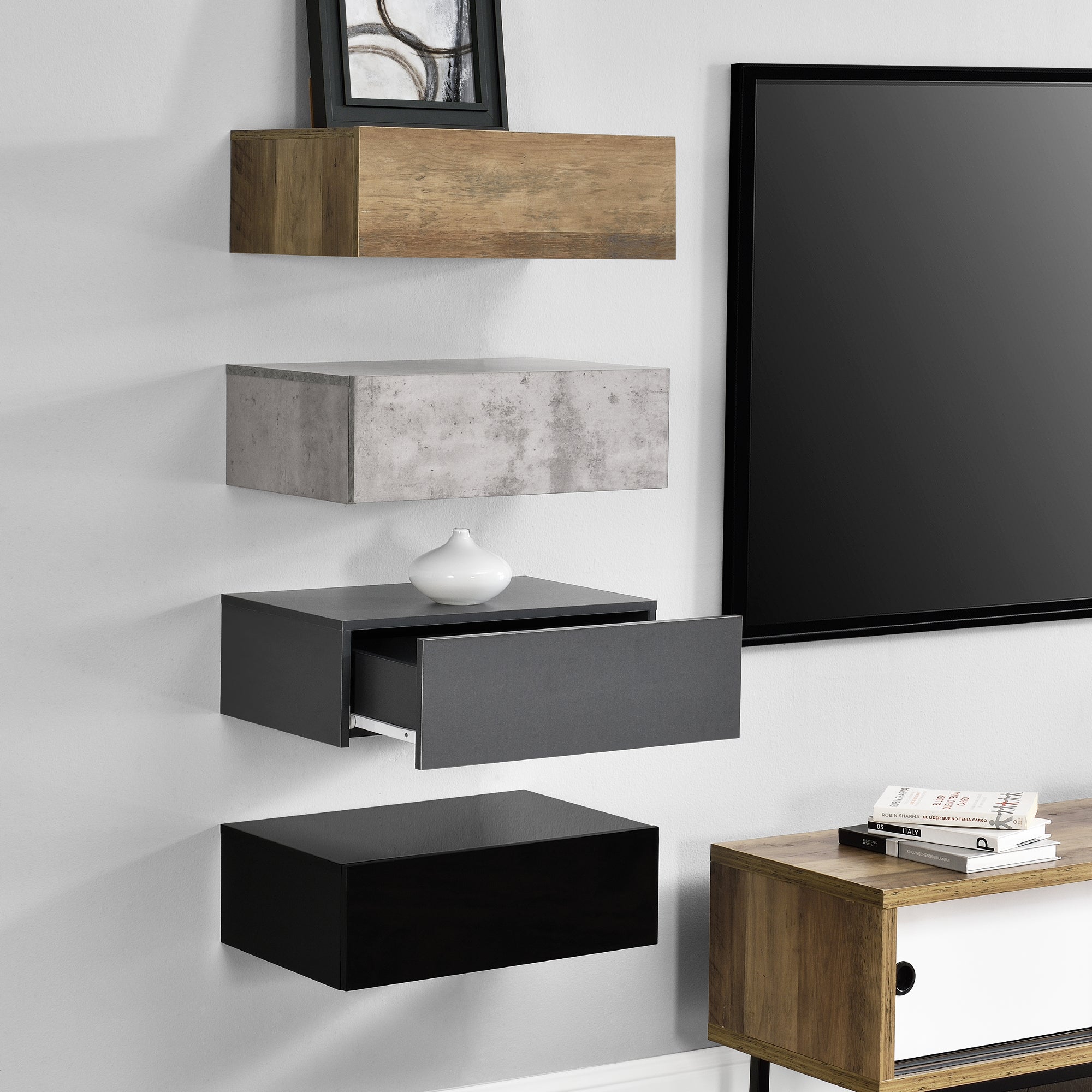 Set di 4 Comodini da Parete con Cassetto 46x30x15 cm Effetto Legno / Effetto Cemento / Grigio Scuro / Nero Lucido