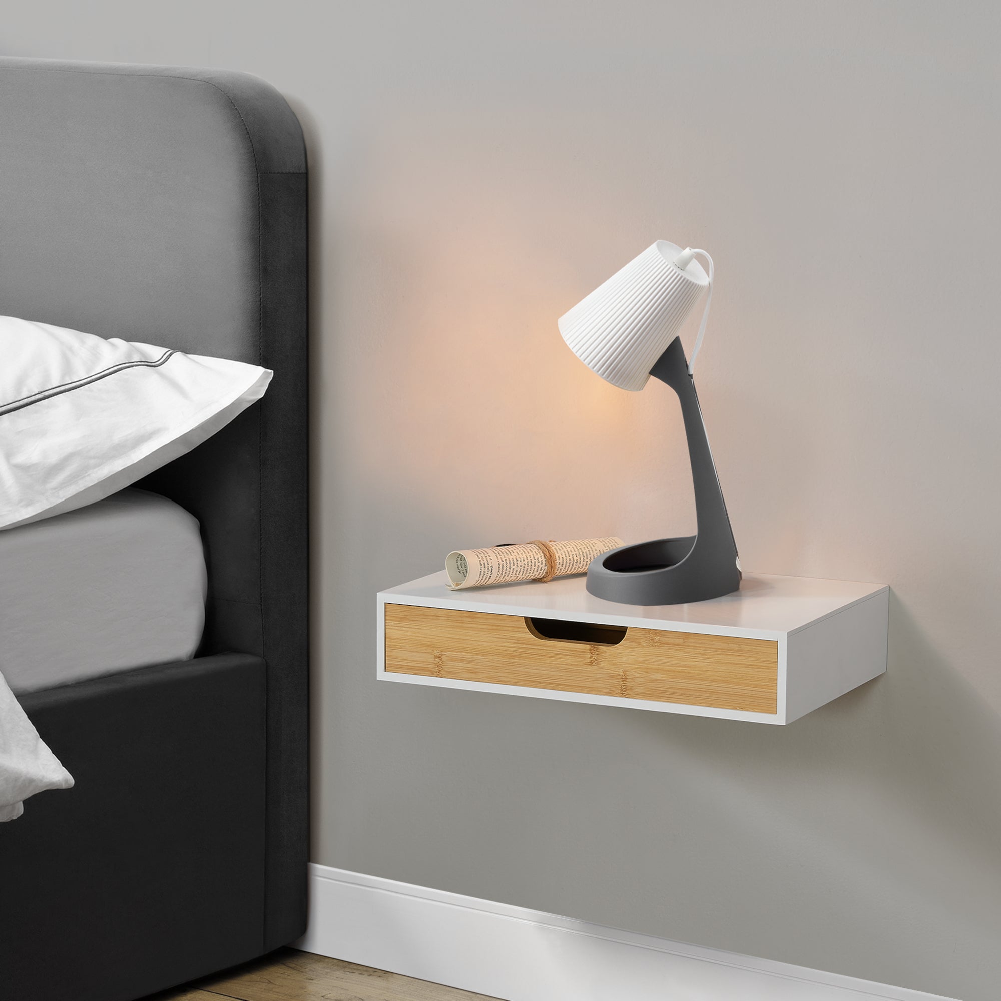 Set Bokn di 2 Mensole con Cassetto Integrato 40 x 24 x 8 cm Bambù - Bianco [en.casa]