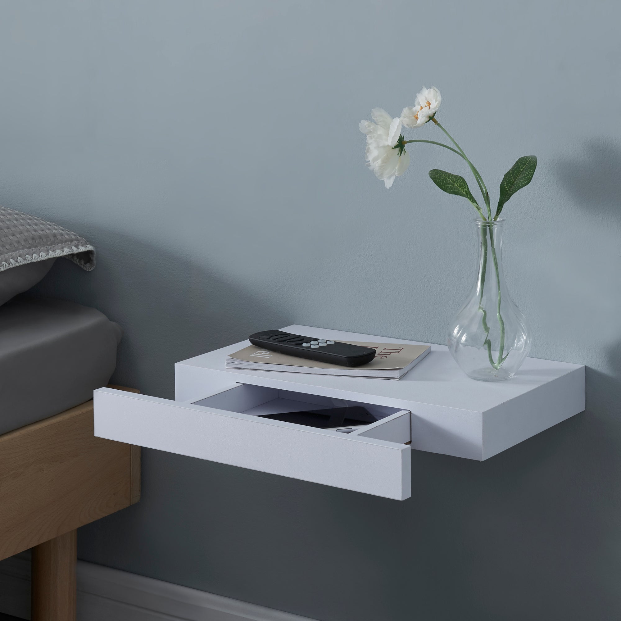 Mensola Hyvinkää con Cassetto Integrato Comodino Sospeso 39,5 x 25 x 5 cm Bianco [en.casa]