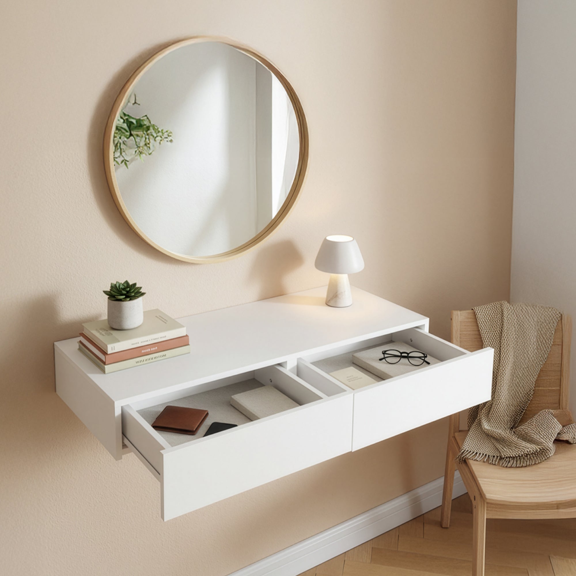 Mensola Karstula con 2 Cassetti Affiancati Comodino Sospeso 80 x 35 x 12 cm Bianco [en.casa]