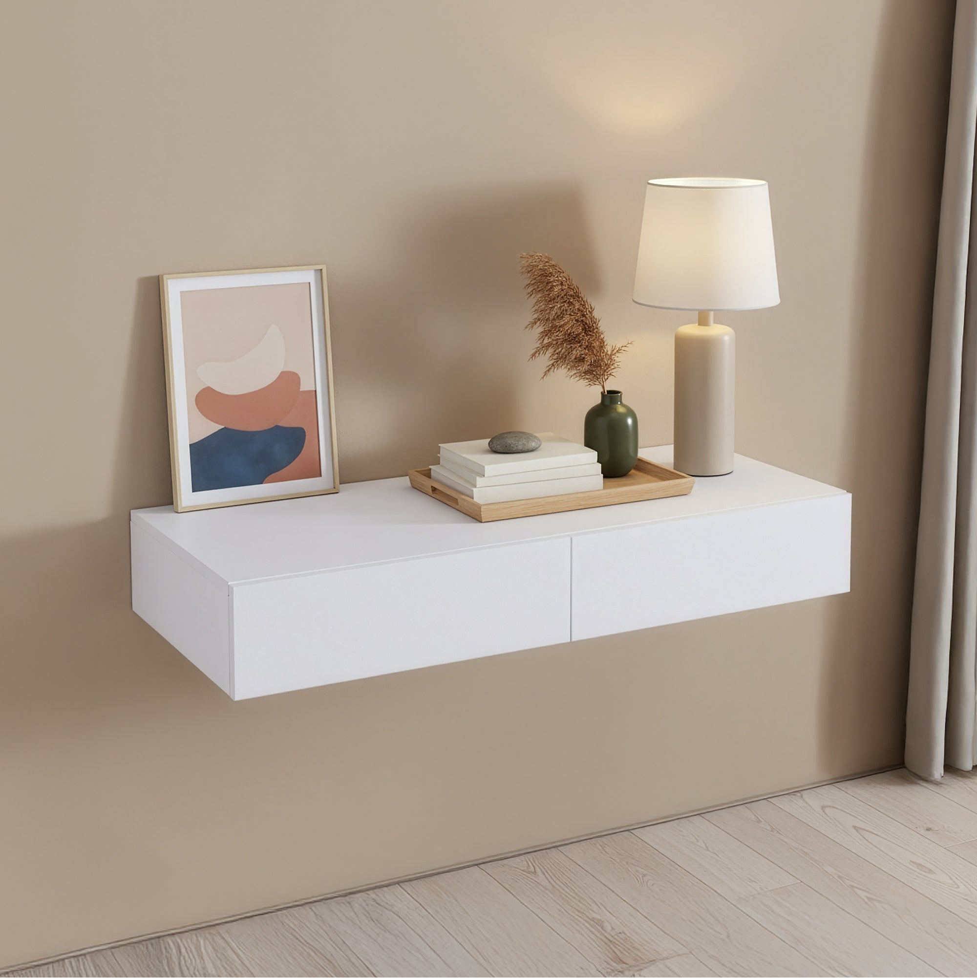 Mensola Karstula con 2 Cassetti Affiancati Comodino Sospeso 80 x 35 x 12 cm Bianco [en.casa]