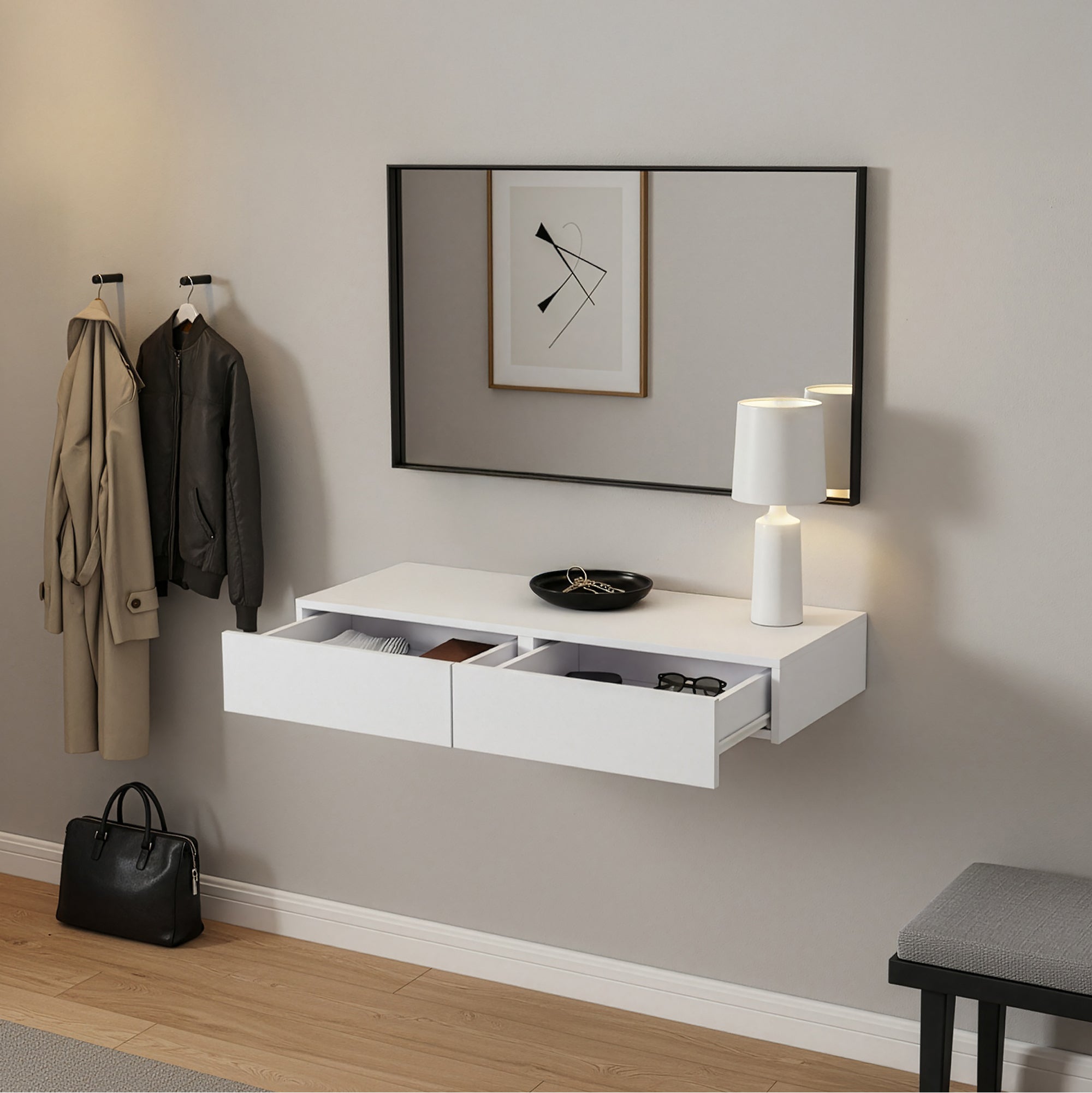 Mensola Karstula con 2 Cassetti Affiancati Comodino Sospeso 80 x 35 x 12 cm Bianco [en.casa]