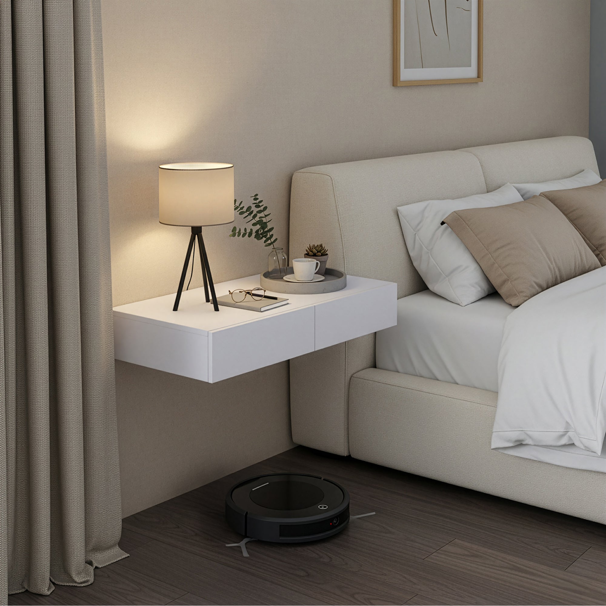 Mensola Karstula con 2 Cassetti Affiancati Comodino Sospeso 80 x 35 x 12 cm Bianco [en.casa]