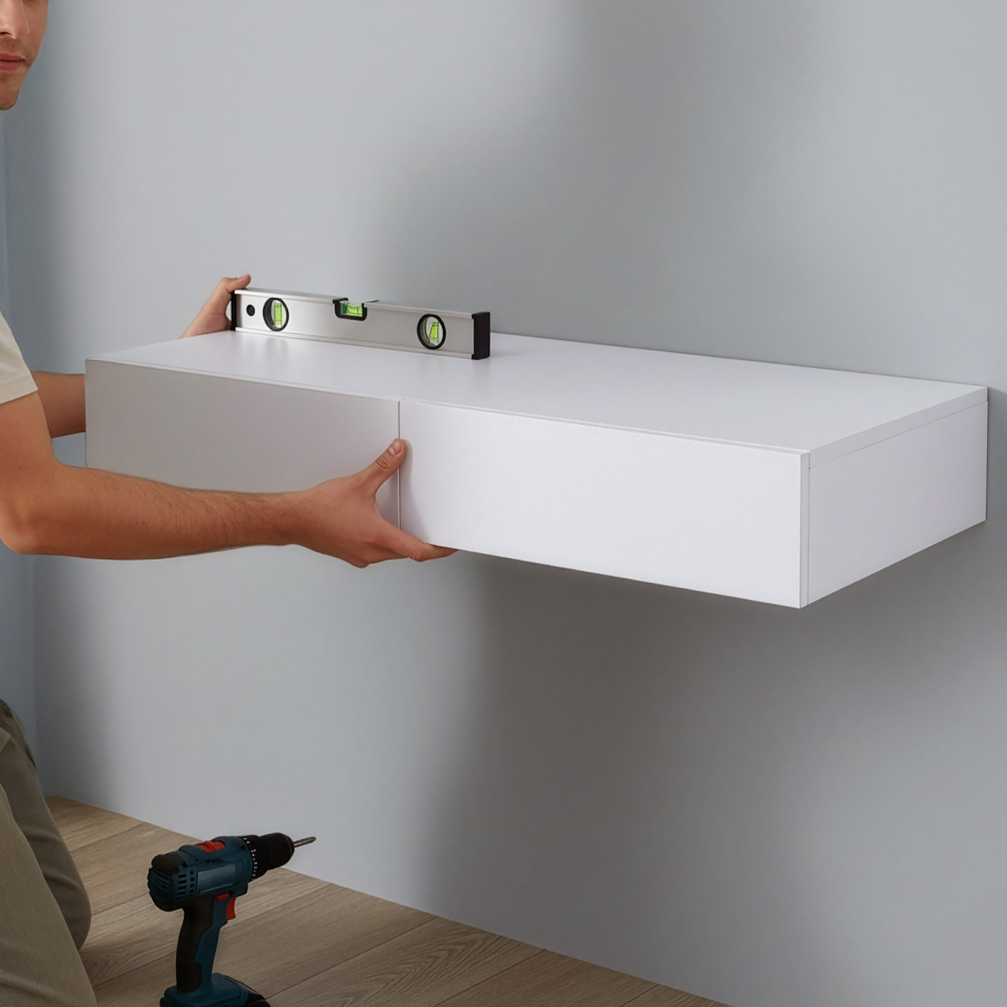 Mensola Karstula con 2 Cassetti Affiancati Comodino Sospeso 80 x 35 x 12 cm Bianco [en.casa]