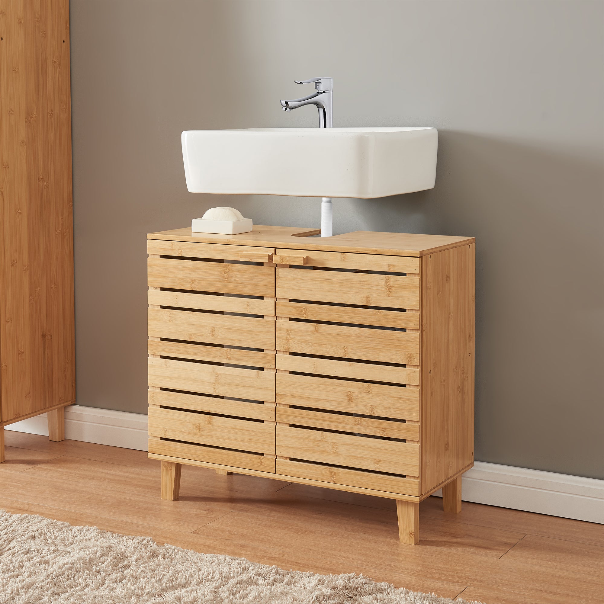 Mobile Sottolavabo da Bagno Epind con Scomparti Chiusi e Ripiano 60 x 66 x 30 cm - Bambù Naturale [en.casa]