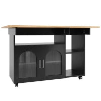 Isola cucina moderna con spazio di conservazione e armadietti con ante in vetro, 120×30×79,5 cm, Nero e Legno naturale