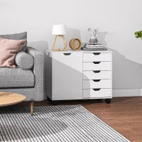 Mobile da Ufficio con 5 Cassetti, 1 Porta, Mensola Regolabile, Supporto Stampante Ruote, 78x40x66,5 cm, Bianco
