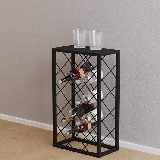 Cantinetta Vino Amasia con Piano di Appoggio e Rete Portabottiglie 74 x 45 x 22 cm Metallo Nero [en.casa]