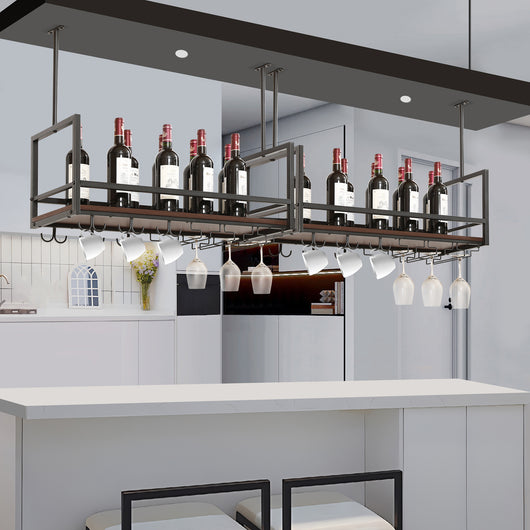 Portabottiglie Sospeso da Soffitto Borejle con Portacalici e Ganci per Tazze 80x30x65 cm Nero / Effetto Noce [en.casa]