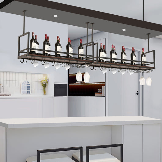 Portabottiglie Sospeso da Soffitto Borejle con Portacalici e Ganci per Tazze 100x30x65 cm Nero / Effetto Noce [en.casa]