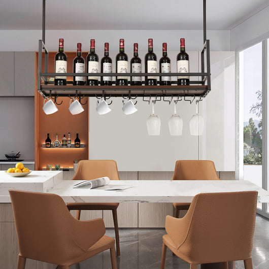 Portabottiglie Sospeso da Soffitto Borejle con Portacalici e Ganci per Tazze 100x30x65 cm Nero / Effetto Noce [en.casa]