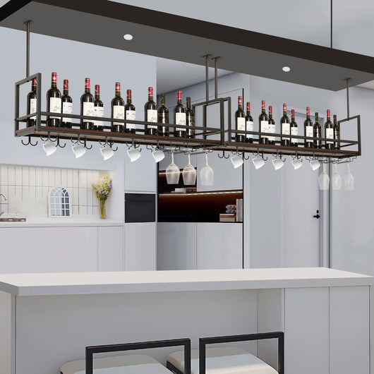 Portabottiglie Sospeso da Soffitto Borejle con Portacalici e Ganci per Tazze 120x30x65 cm Nero / Effetto Noce [en.casa]