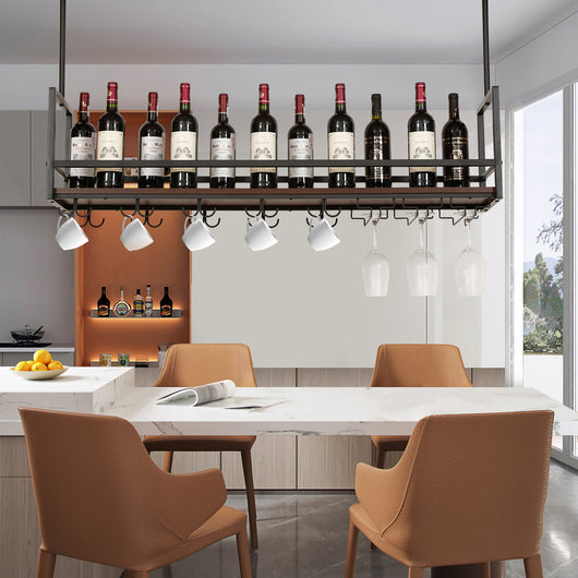 Portabottiglie Sospeso da Soffitto Borejle con Portacalici e Ganci per Tazze 120x30x65 cm Nero / Effetto Noce [en.casa]