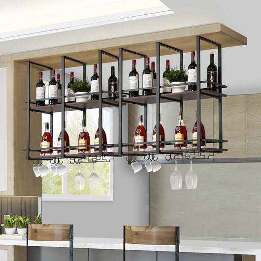 Portabottiglie Sospeso da Soffitto Hubro con Binari per Calici e Ganci per Tazze 80x30x85 cm Nero/Effetto Noce [en.casa]