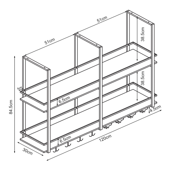 Portabottiglie Sospeso da Soffitto Hubro con Binari per Calici e Ganci per Tazze 120x30x85 cm Nero/Effetto Noce