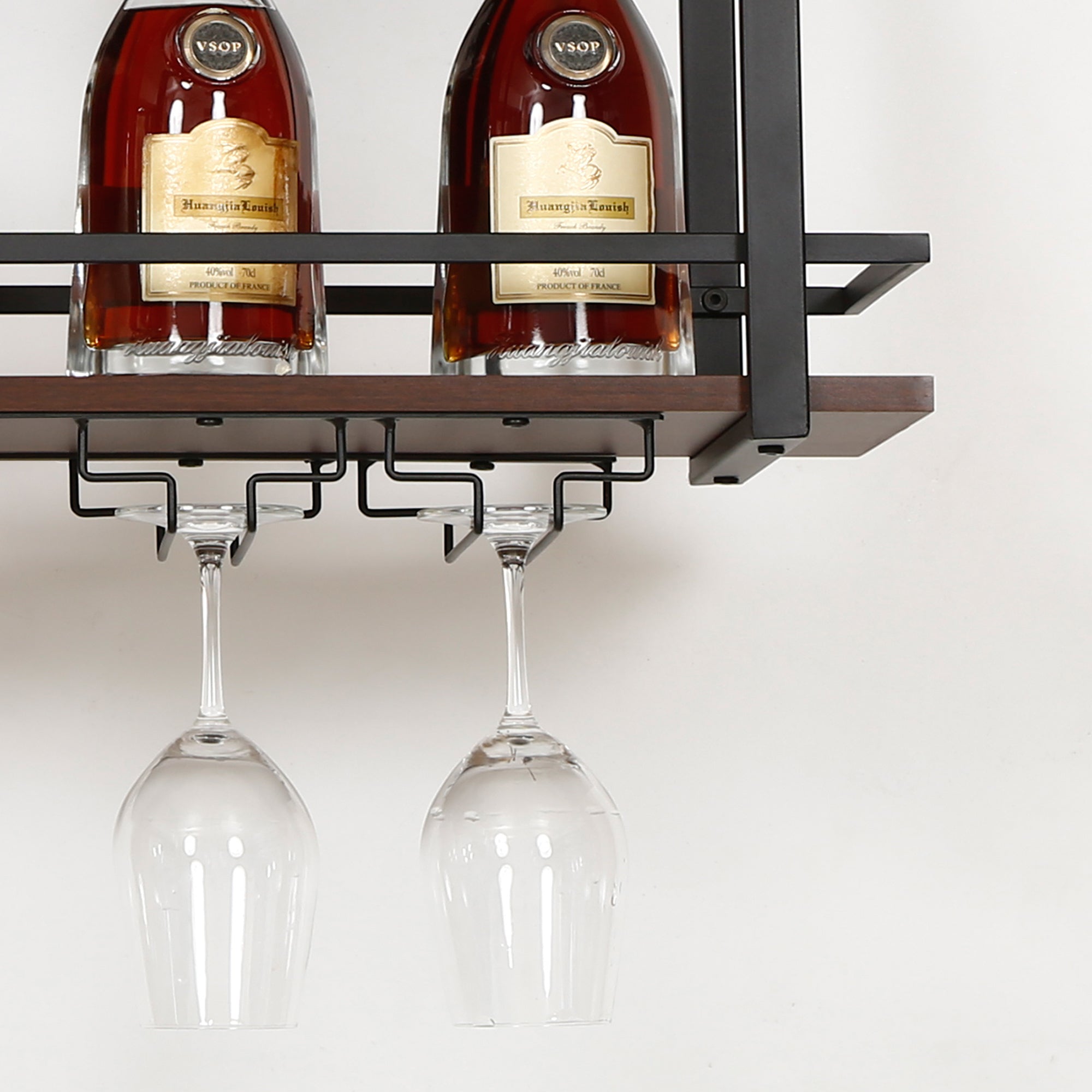 Portabottiglie Sospeso da Soffitto Hubro con Binari per Calici e Ganci per Tazze 120x30x85 cm Nero/Effetto Noce