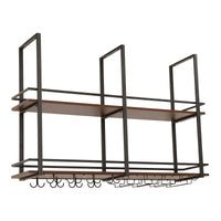 Portabottiglie Sospeso da Soffitto Hubro con Binari per Calici e Ganci per Tazze 120x30x85 cm Nero/Effetto Noce