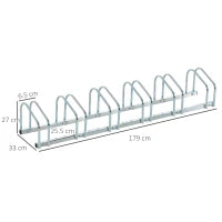 Rastrelliera Portabiciclette Parcheggio per 6 Biciclette in Acciaio, 179x33x27 cm, Argento
