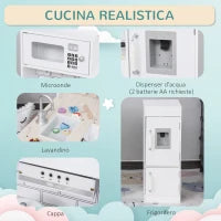 Cucina Giocattolo per Bambini in Legno con 14 Accessori, Forno, Lavandino, Frigo e Microonde, Età 3+ Anni, 86x64x84.5cm, Bianco e Argento