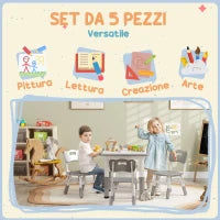 Set Tavolo e Sedie per Bambini 5pz con 4 Sedie Regolabili 32x36x52.5-56 cm e Tavolo 60x60x46-58 cm, Grigio