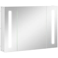kleankin Armadietto Specchiera da Bagno con 3 Armadietti, 3 Ripiani e Luce LED, 90x15x65 cm, Bianco