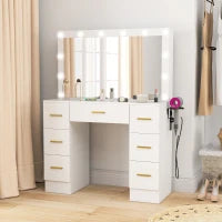 Tavolo da Trucco con Specchio e 12 Luci LED, Consolle per il Trucco con 7 Cassetti, 6 Staufächer nascosti, Truciolato, Bianco