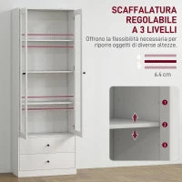 Credenza Cucina con Armadietto e 2 Cassetti, Ante in Vetro e Ripiani Regolabili, 59x30x164 cm, Bianco