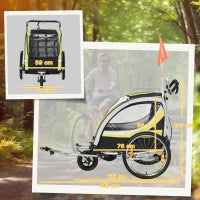 Rimorchio Bici per Bambini e Passeggino, Design 2 in 1 con Freno, Cintura a 5 Punti, Carrello Rimorchio per Bicicletta con Tasche Laterali, Catarifrangenti e Bandierina, Giallo