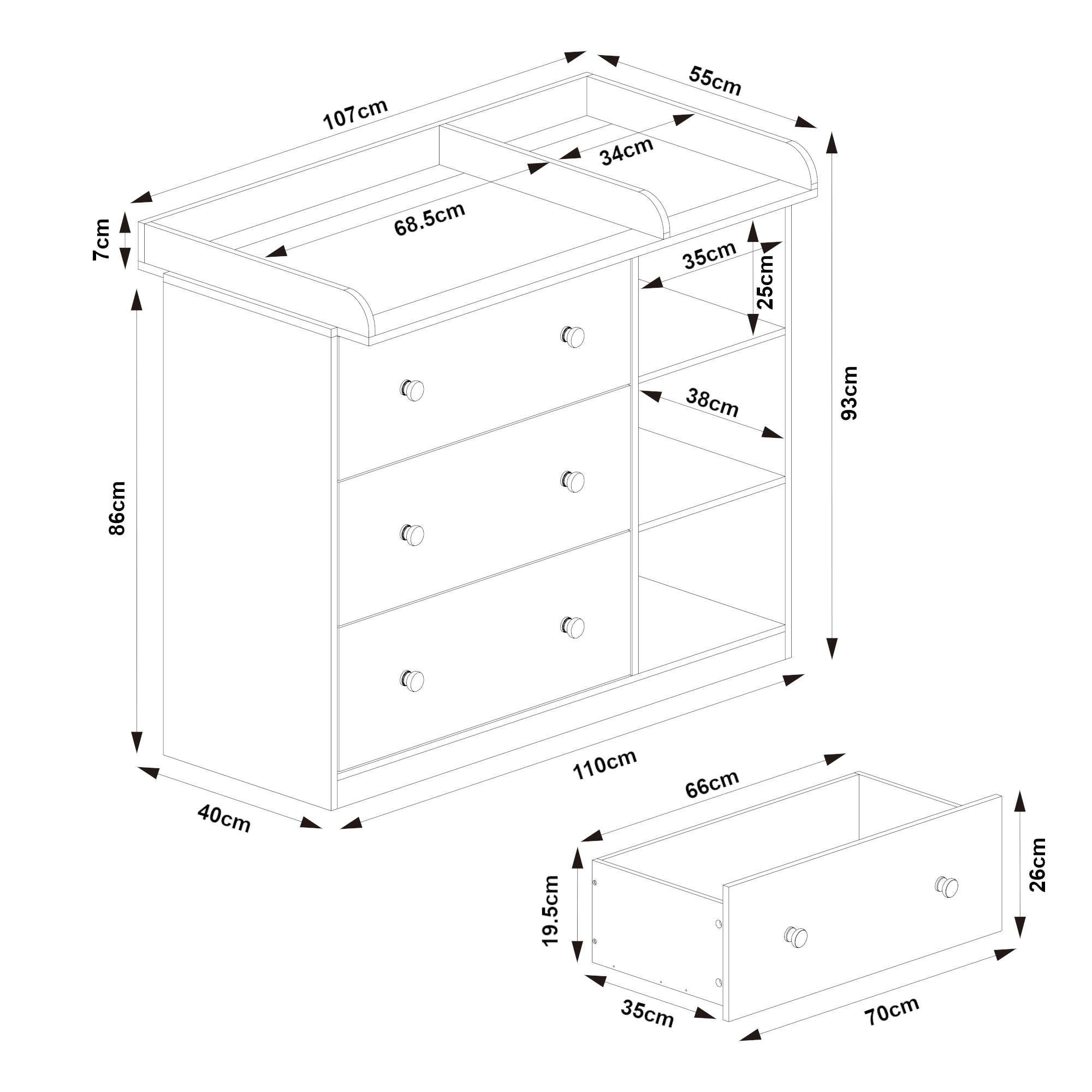 Cassettiera Beldinupp con Piano Fasciatoio Rimovibile 93 x 110 x 55 cm - Bianco [en.casa]