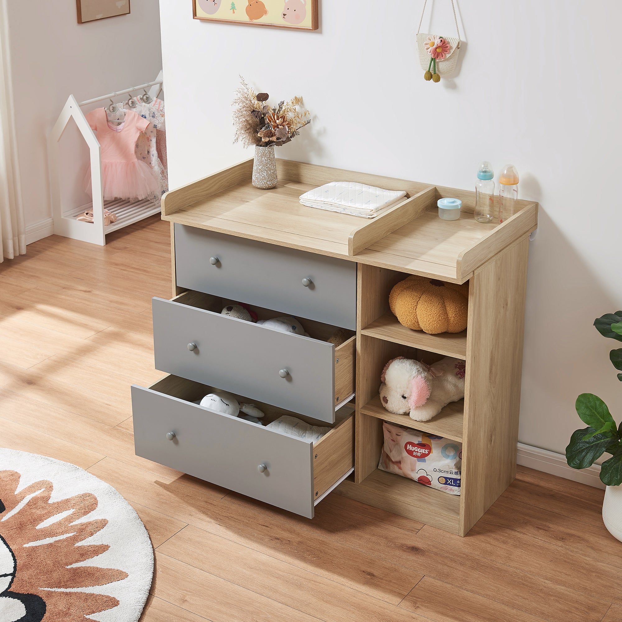 Cassettiera Beldinupp con Piano Fasciatoio Rimovibile 93 x 110 x 55 cm - Effetto Rovere / Grigio [en.casa]