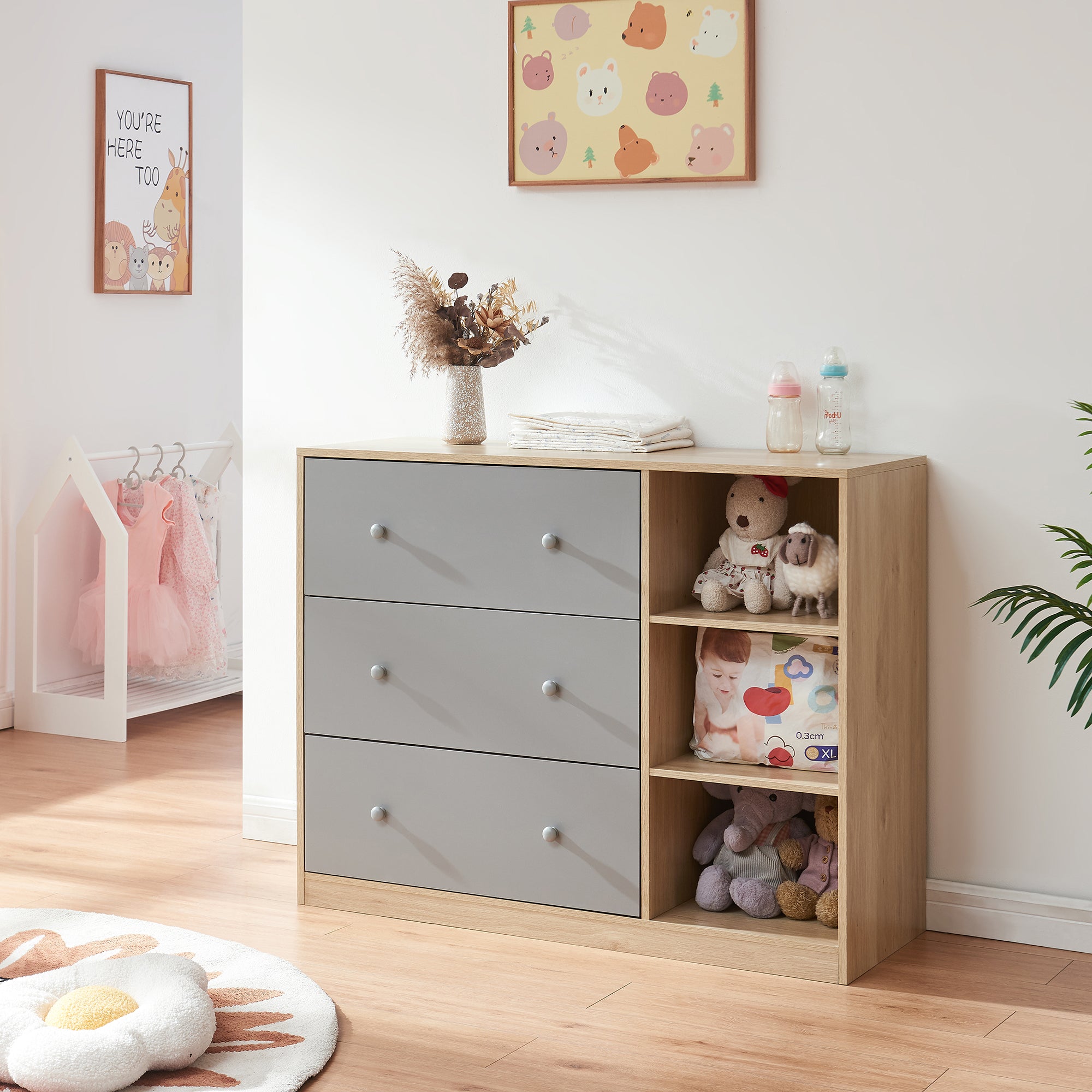 Cassettiera Beldinupp con Piano Fasciatoio Rimovibile 93 x 110 x 55 cm - Effetto Rovere / Grigio [en.casa]