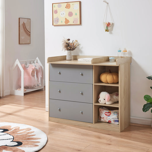 Cassettiera Beldinupp con Piano Fasciatoio Rimovibile 93 x 110 x 55 cm - Effetto Rovere / Grigio [en.casa]