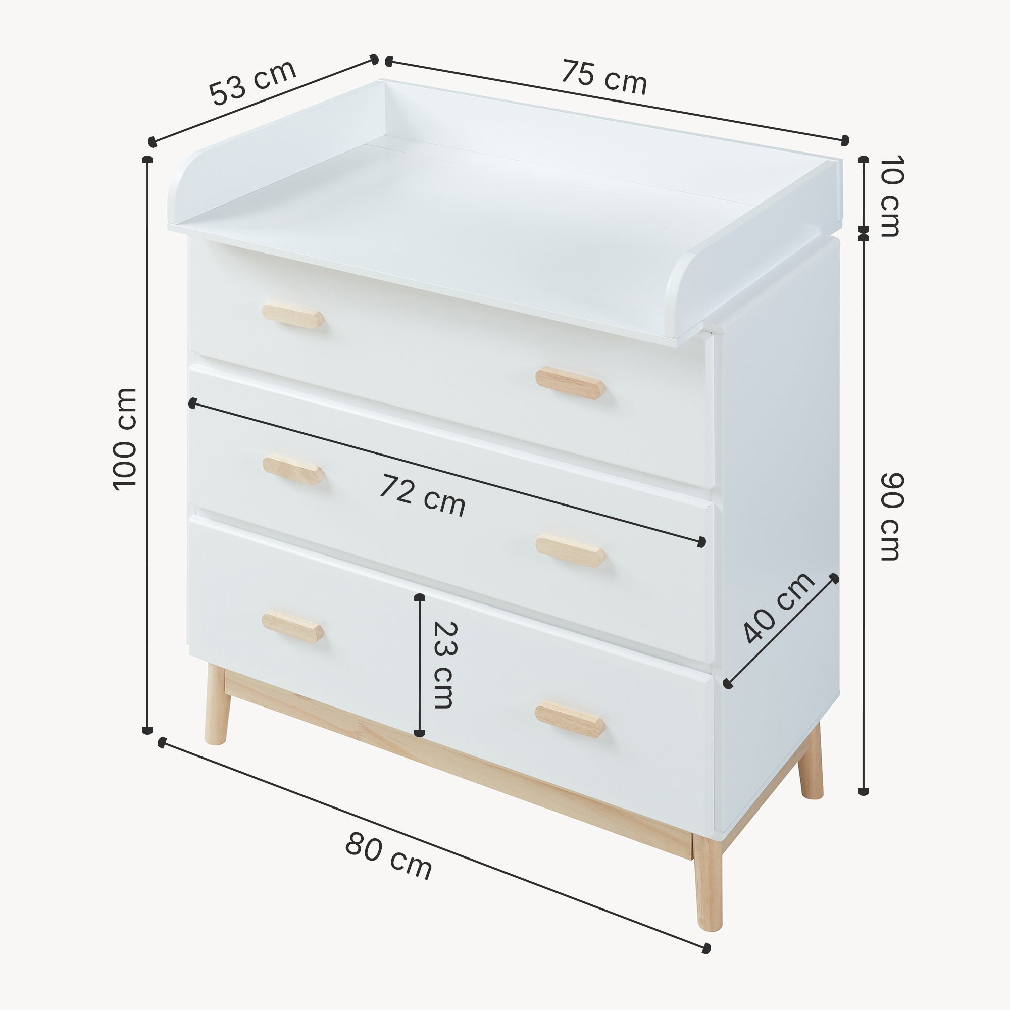 Cassettiera Sarievn con 3 Cassetti e Piano Fasciatoio Rimovibile 100 x 80 x 53 cm - Bianco [en.casa]