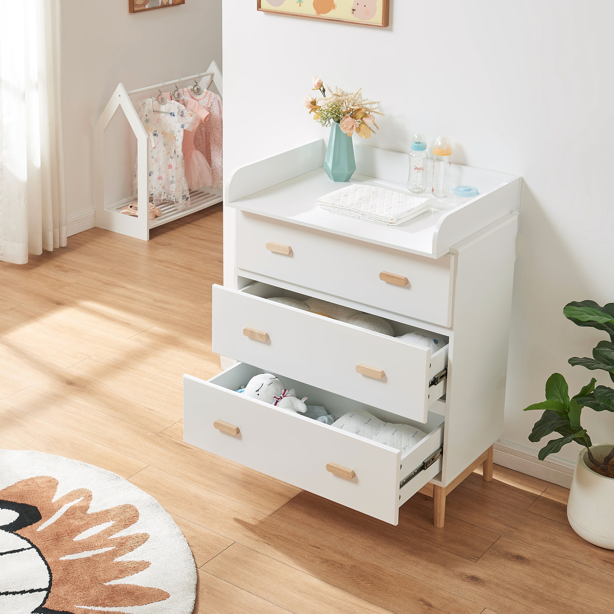 Cassettiera Sarievn con 3 Cassetti e Piano Fasciatoio Rimovibile 100 x 80 x 53 cm - Bianco [en.casa]