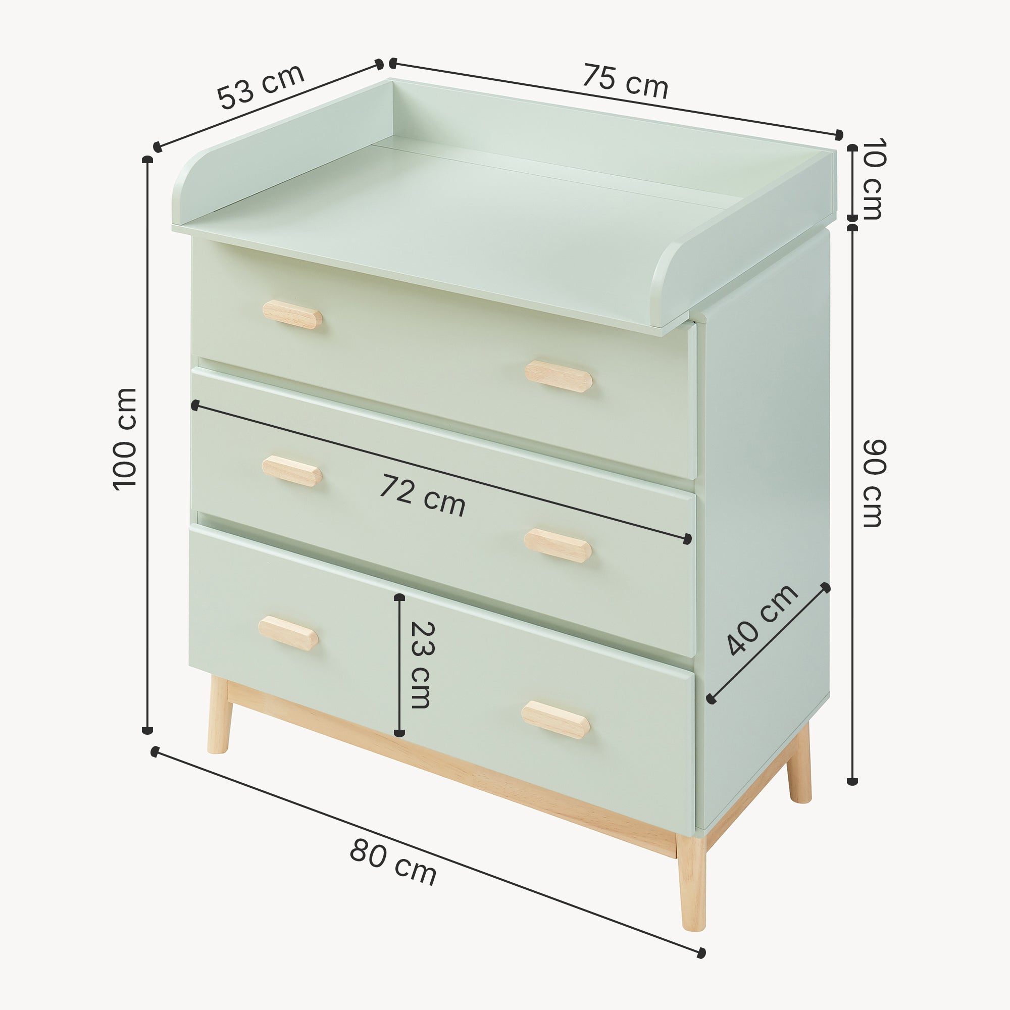 Cassettiera Sarievn con 3 Cassetti e Piano Fasciatoio Rimovibile 100 x 80 x 53 cm - Menta Verde [en.casa]