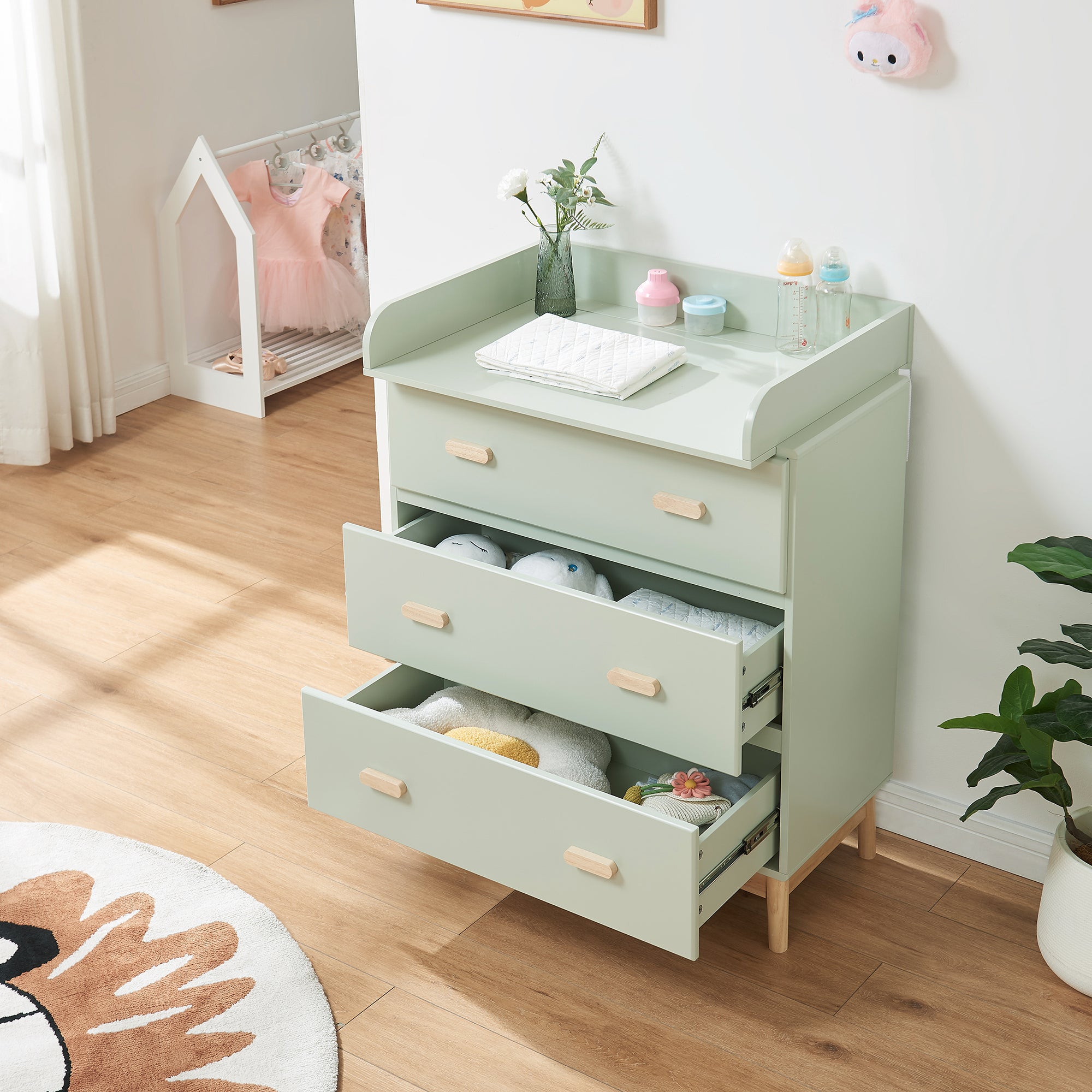 Cassettiera Sarievn con 3 Cassetti e Piano Fasciatoio Rimovibile 100 x 80 x 53 cm - Menta Verde [en.casa]