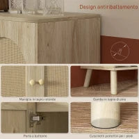 Mobile Multiuso in Stile Boho con Ante in Rattan e Ripiano Aperto, 80x38x100cm, Rovere