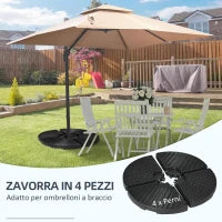 Base per Ombrellone a Braccio da 4 Pezzi in HDPE Riempibili con Acqua e Sabbia, Ø100x8 cm, Nero