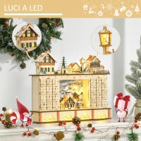 Calendario dell'Avvento in Legno con 24 Cassetti da Riempire, Decorazione con Villaggio di Natale e Luci, 44x10x37cm