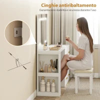 Toeletta da Camera con Specchio e Luci LED Regolabili, 6 Cassetti, 2 Ripiani e Prese Elettriche, Bianco