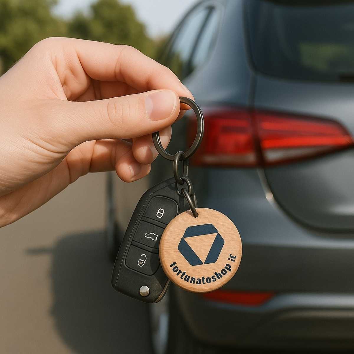 Portachiavi rotondo personalizzato in legno con logo geometrico blu scuro