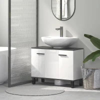 Mobile Sottolavabo Bagno con Armadietto 2 Ante e Ripiano Regolabile, 80x34x60 cm, Bianco Lucido