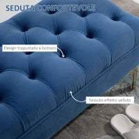 Panca Imbottita Fondoletto in Tessuto Vellutato e Base in Metallo Dorato, 118x45x42 cm, Blu