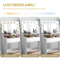 Tavolo da Trucco con Specchio e 10 Luci LED Regolabili, 2 Cassetti e 3 Scomparti, 80x40x135 cm, Bianco