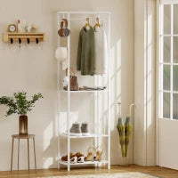 Appendiabiti con Scarpiera a 2 Livelli, Barra Appendi Abiti, 4 Ganci, Mensola Superiore, 52x30x180 cm, Bianco