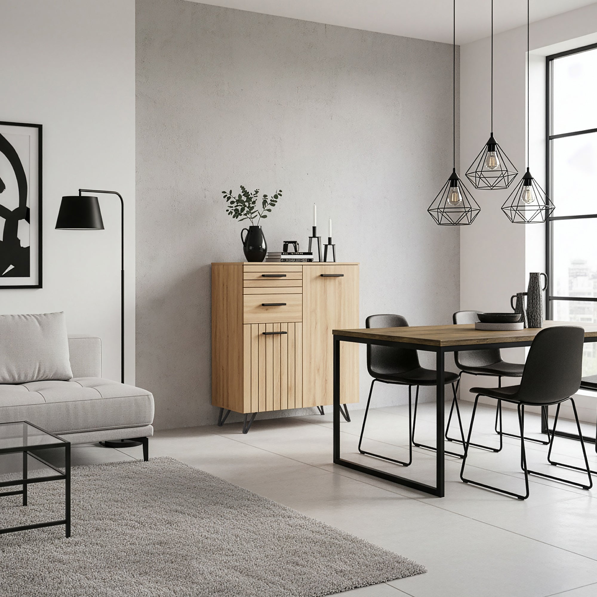 Credenza Noppen con Cassetti e Ante Mobile Contenitore 100x80x38 cm - Effetto Rovere [en.casa]