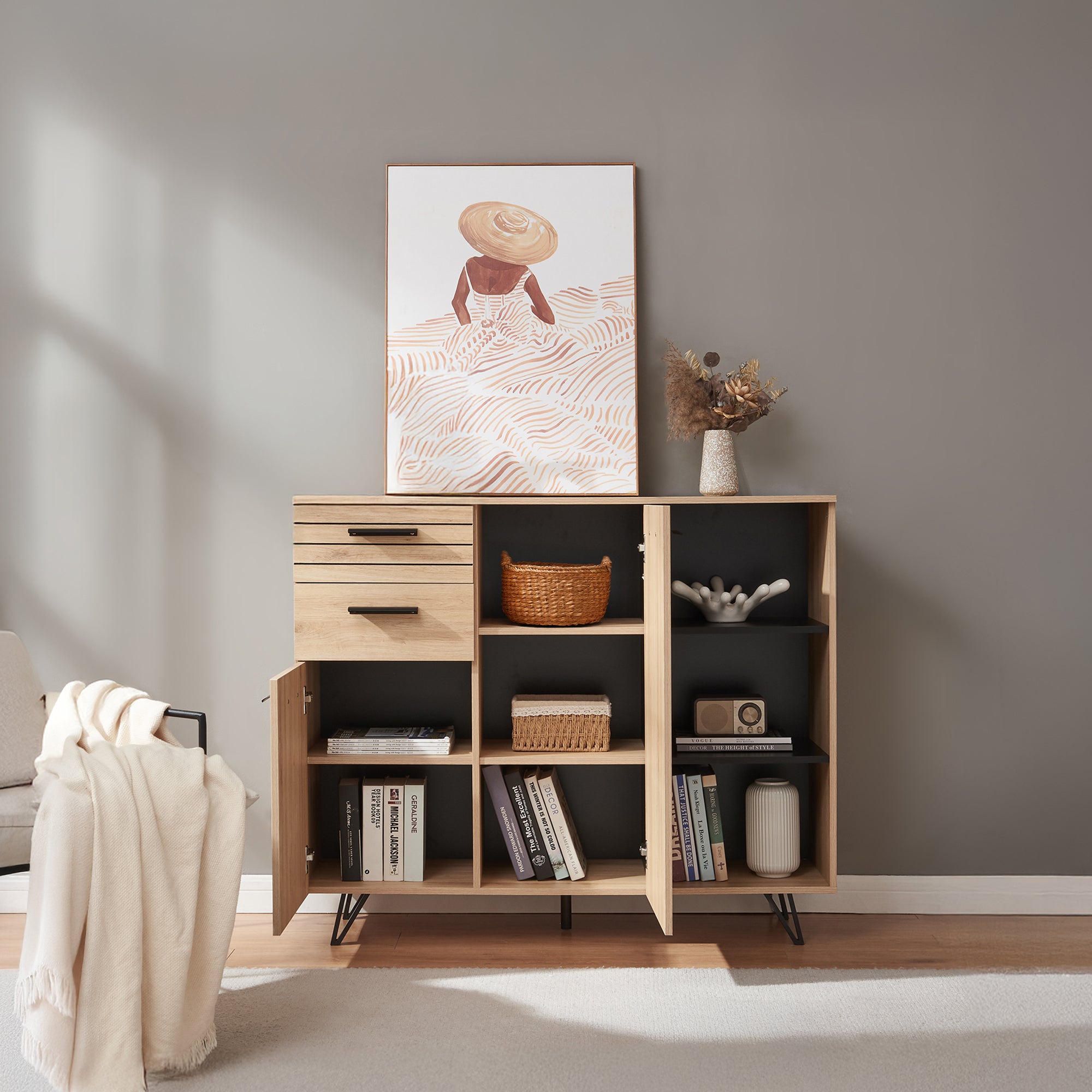 Credenza Noppen con Cassetti e Ante Mobile Contenitore 100x120x38 cm - Effetto Rovere [en.casa]